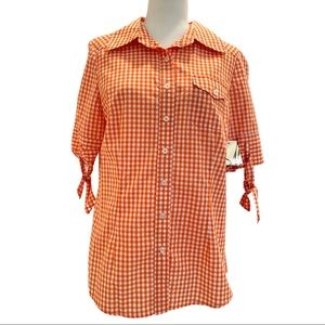 Milly Short Sleeve Button Down Orange White Plaid Blouse